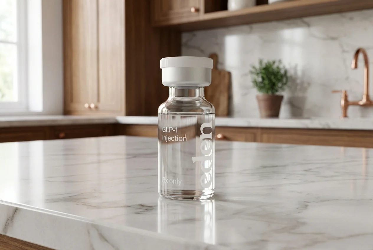 Eden GLP-1 injection vial showing compounded semaglutide Rx only label on marble countertop
