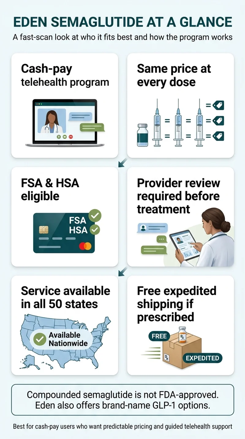 Eden Semaglutide at a Glance infographic: cash-pay telehealth program, same price at every dose, FSA and HSA eligible, provider review required before treatment, available in all 50 states, free expedited shipping if prescribed. Compounded semaglutide is not FDA-approved. Best for cash-pay users who want predictable pricing and guided telehealth support.
