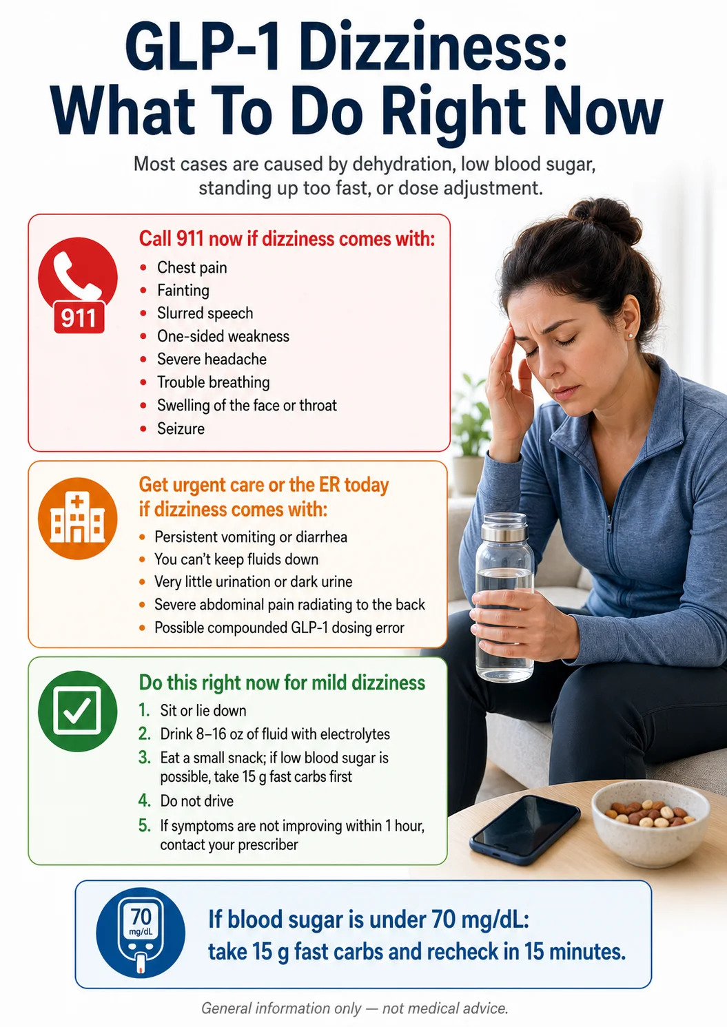 GLP-1 dizziness: what to do right now — infographic for Eden and GALA GLP-1 patients showing when to call 911, get urgent care, and self-care steps for mild dizziness