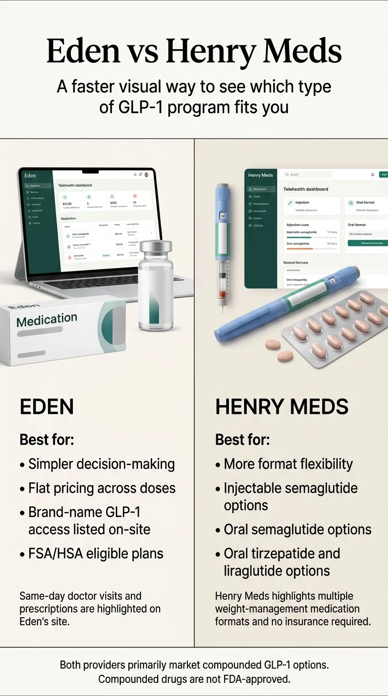 Eden vs Henry Meds comparison: Eden is best for simpler decision-making, flat pricing across all doses, and brand-name GLP-1 access on site; Henry Meds is best for more medication format flexibility, oral semaglutide options, and oral tirzepatide and liraglutide options