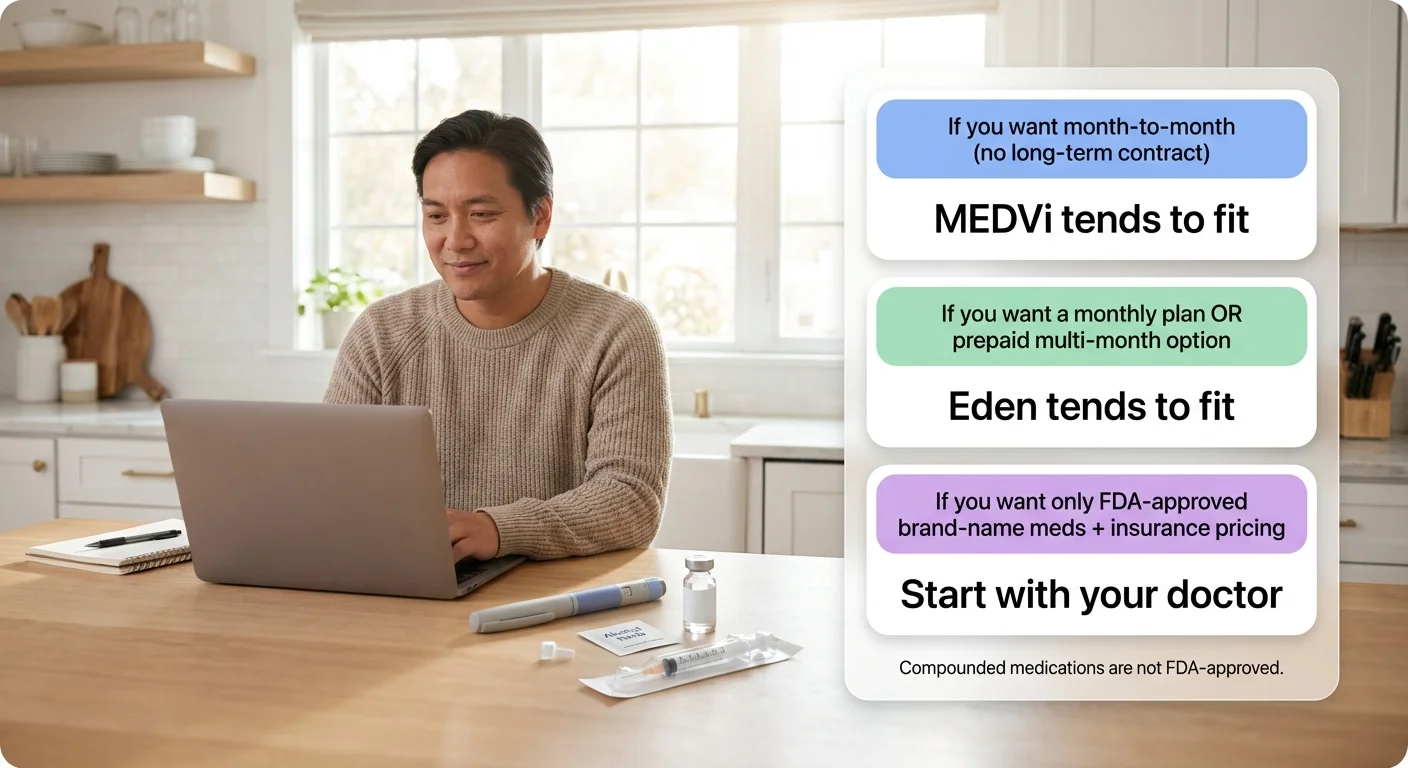 Eden vs MEDVi decision guide showing which GLP-1 provider fits based on priorities like pricing, flexibility, and FDA-approved options