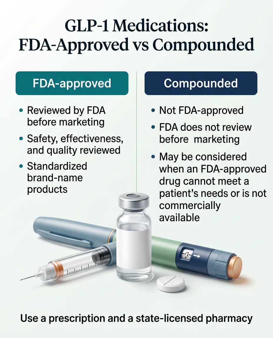 GLP-1 Medications: FDA-Approved vs Compounded. FDA-approved drugs are reviewed by FDA before marketing with safety, effectiveness, and quality reviewed as standardized brand-name products. Compounded drugs are not FDA-approved, FDA does not review before marketing, and may be considered when an FDA-approved drug cannot meet a patient's needs or is not commercially available. Use a prescription and a state-licensed pharmacy.