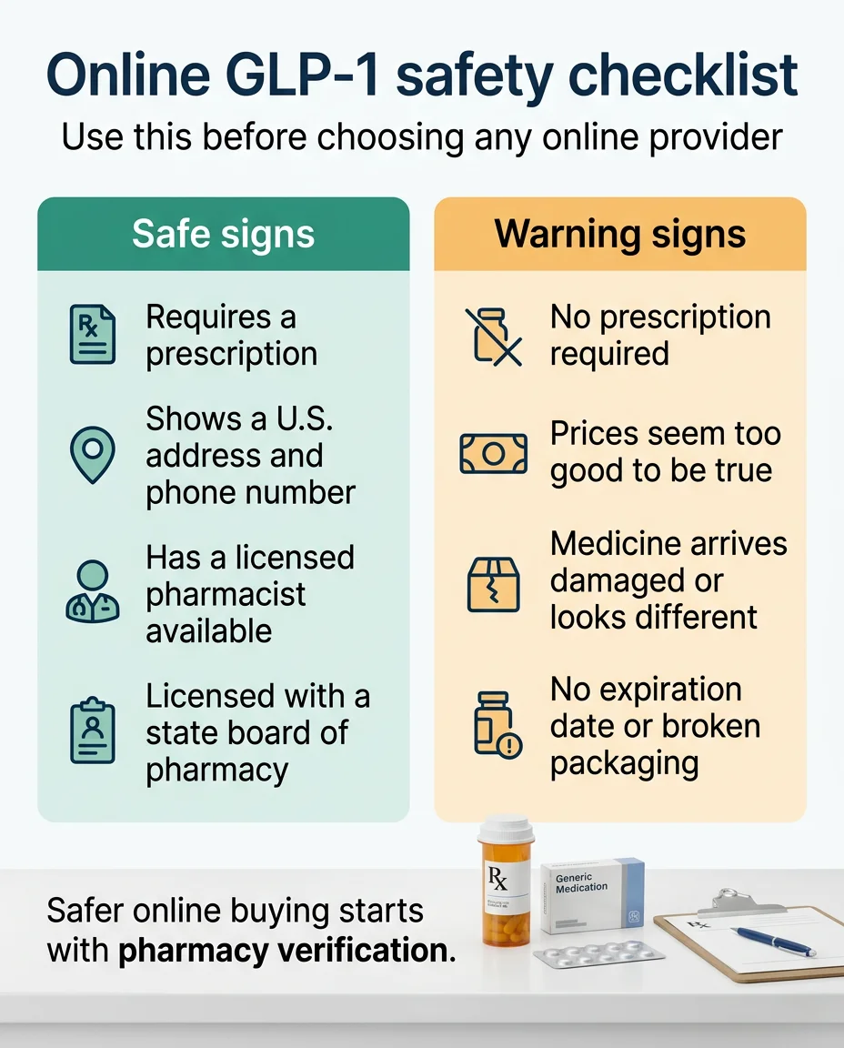 Online GLP-1 safety checklist: safe signs include requiring a prescription, showing a US address and phone number, having a licensed pharmacist, and state board licensing. Warning signs include no prescription required, prices that seem too good to be true, medicine arriving damaged, and no expiration date or broken packaging.