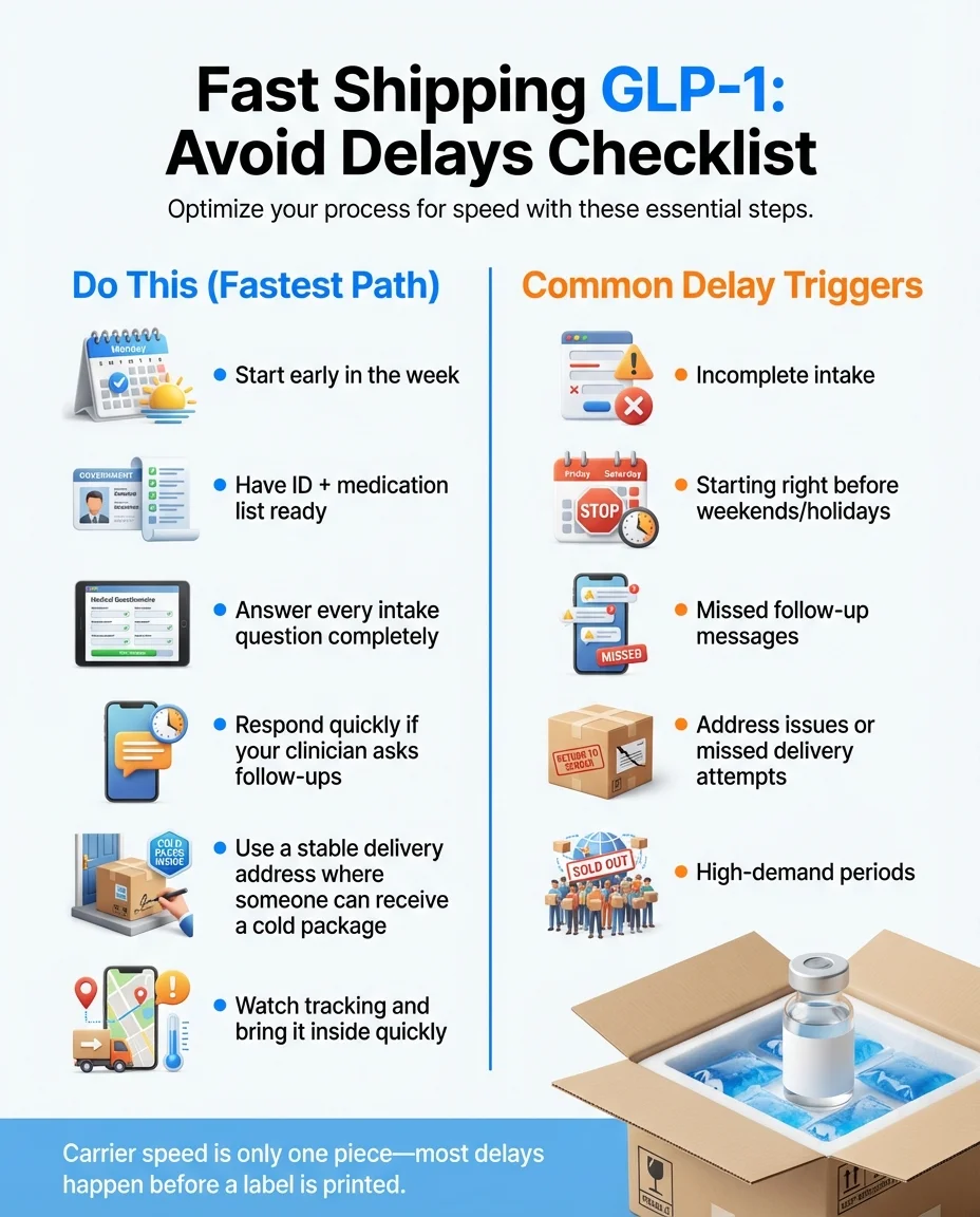 Fast Shipping GLP-1: Avoid Delays Checklist — do this for the fastest path vs common delay triggers including incomplete intake, weekend starts, and missed follow-ups