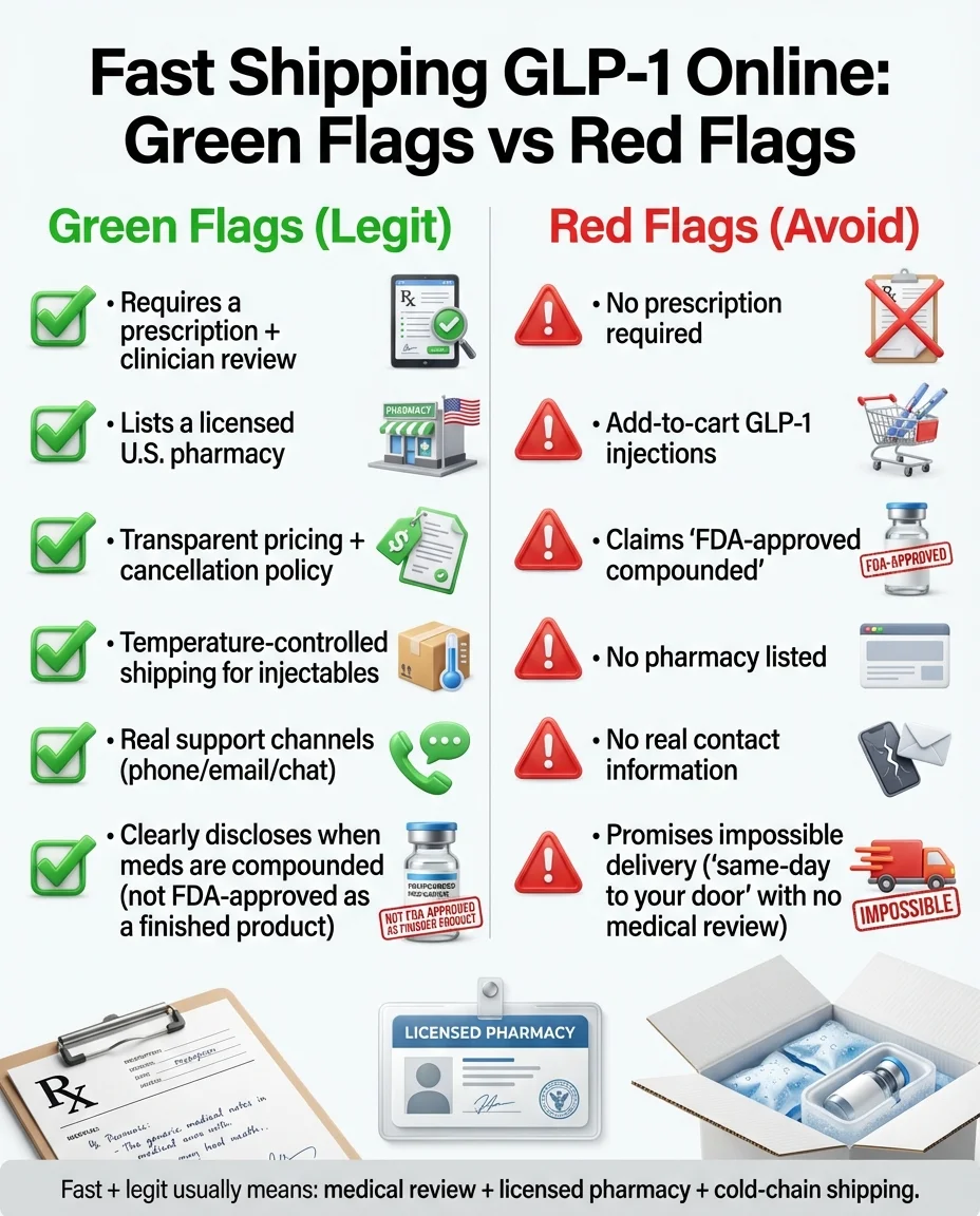 Fast Shipping GLP-1 Online: Green Flags vs Red Flags — checklist of legitimate provider indicators versus warning signs to avoid