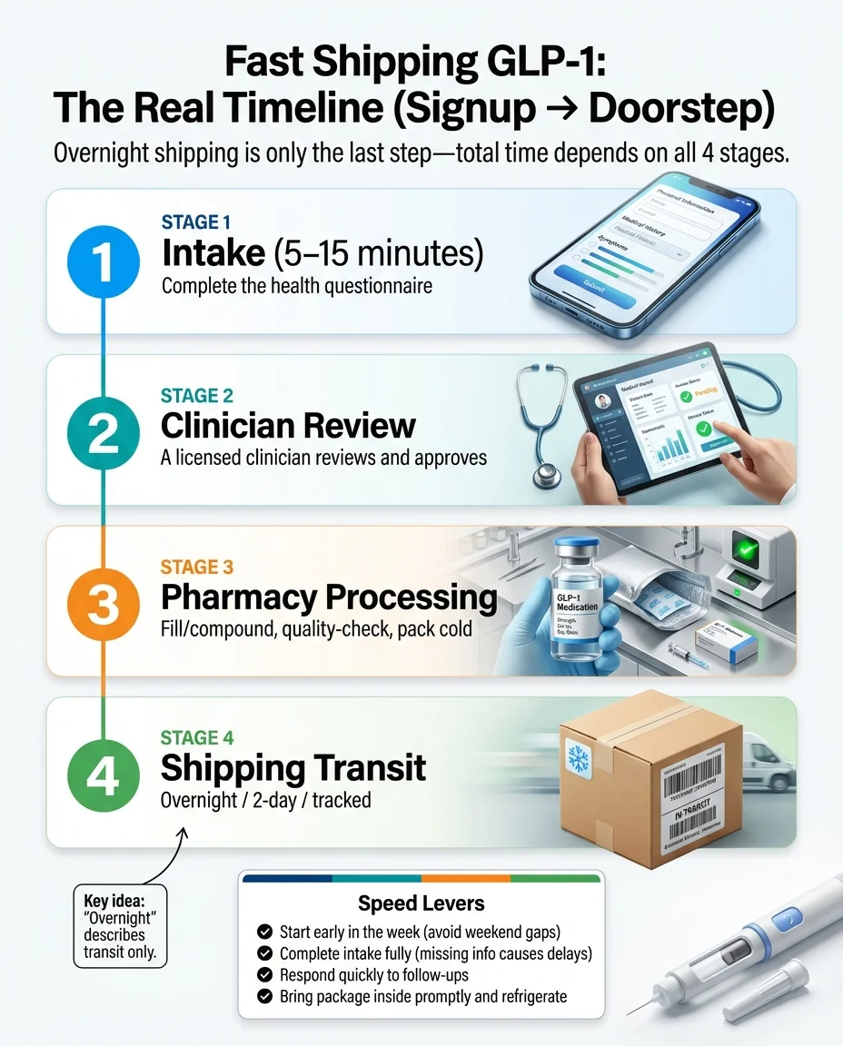 Fast Shipping GLP-1: The Real Timeline from Signup to Doorstep — 4 stages: intake (5–15 minutes), clinician review, pharmacy processing, and shipping transit with speed levers