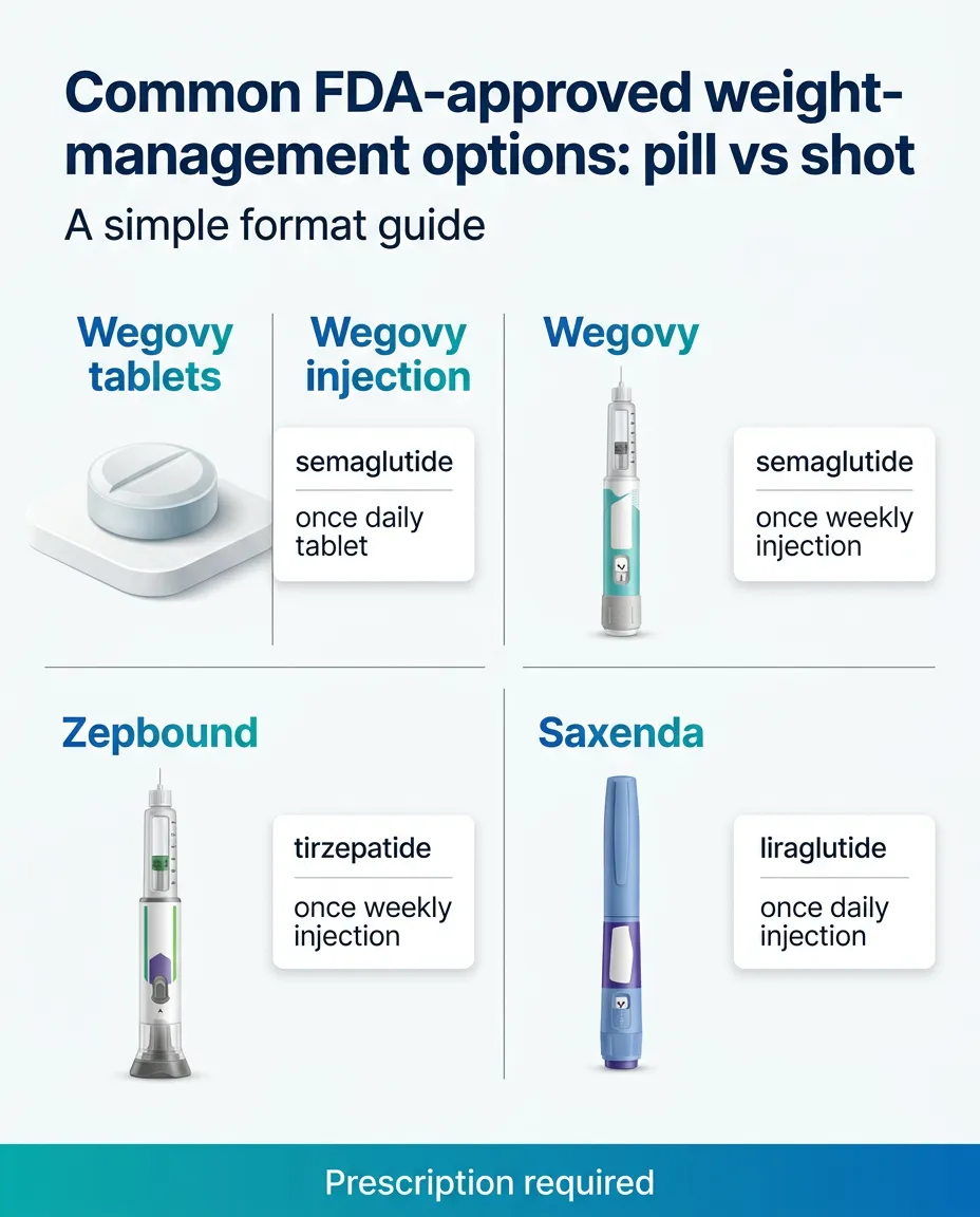 Common FDA-approved weight-management options pill vs shot — Wegovy tablets (semaglutide, once daily tablet), Wegovy injection (semaglutide, once weekly injection), Zepbound (tirzepatide, once weekly injection), and Saxenda (liraglutide, once daily injection)
