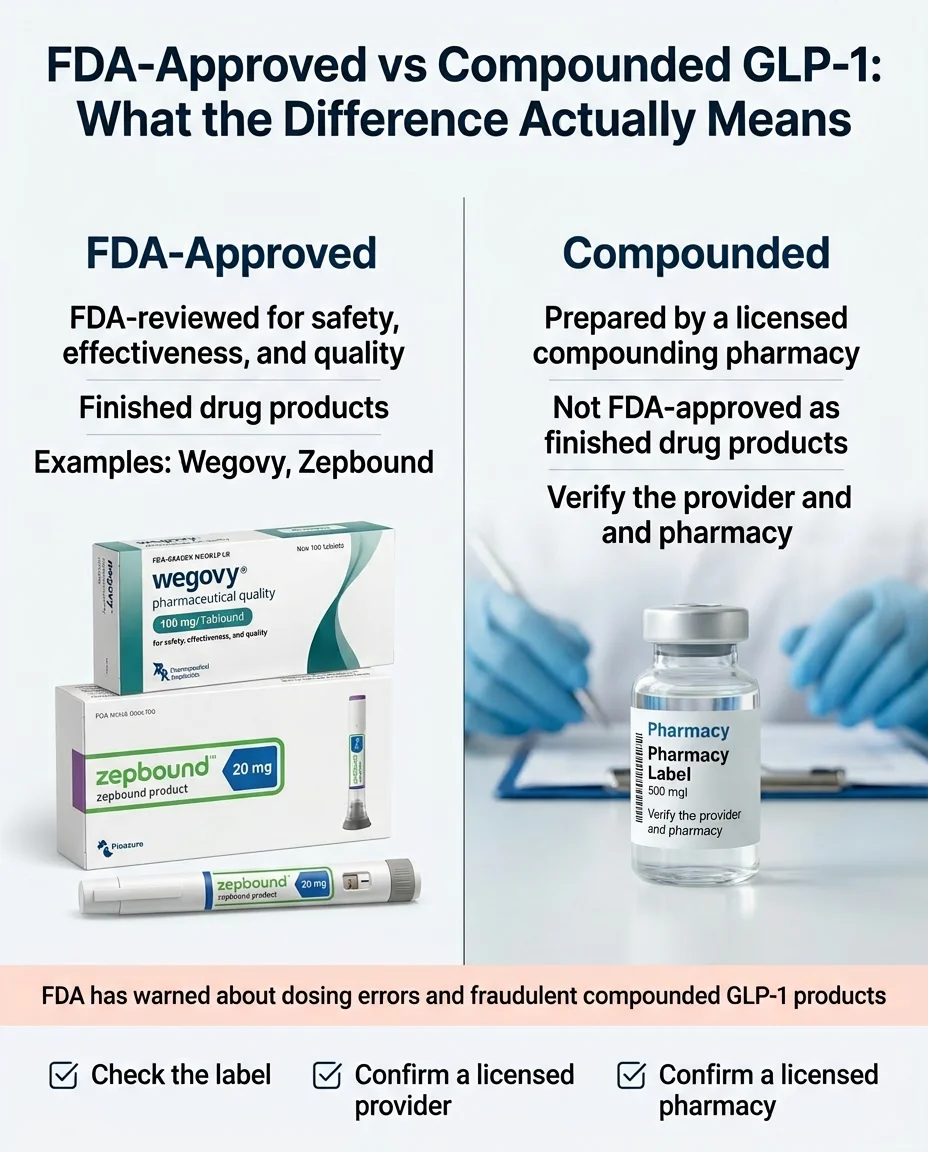 FDA-approved vs compounded GLP-1 — what the difference actually means: FDA-reviewed for safety, effectiveness, and quality vs prepared by a licensed compounding pharmacy, not FDA-approved as finished drug products