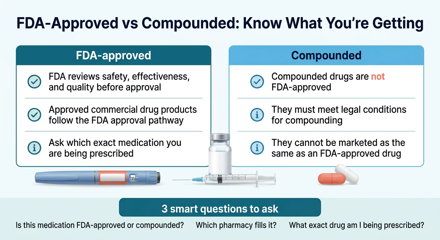 FDA-Approved vs Compounded: Know What You're Getting — FDA-approved: FDA reviews safety, effectiveness, and quality before approval; approved commercial drug products follow the FDA approval pathway; ask which exact medication you are being prescribed. Compounded: compounded drugs are not FDA-approved; they must meet legal conditions for compounding; they cannot be marketed as the same as an FDA-approved drug. 3 smart questions to ask: Is this medication FDA-approved or compounded? Which pharmacy fills it? What exact drug am I being prescribed?