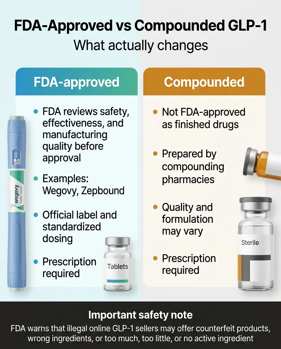 FDA-approved vs compounded GLP-1 comparison — FDA-approved medications like Wegovy and Zepbound are reviewed for safety, effectiveness, and manufacturing quality with official labels and standardized dosing. Compounded GLP-1s are not FDA-approved as finished drugs, are prepared by compounding pharmacies, and quality and formulation may vary. Both require a prescription. FDA warns that illegal online GLP-1 sellers may offer counterfeit products with wrong ingredients or incorrect amounts.