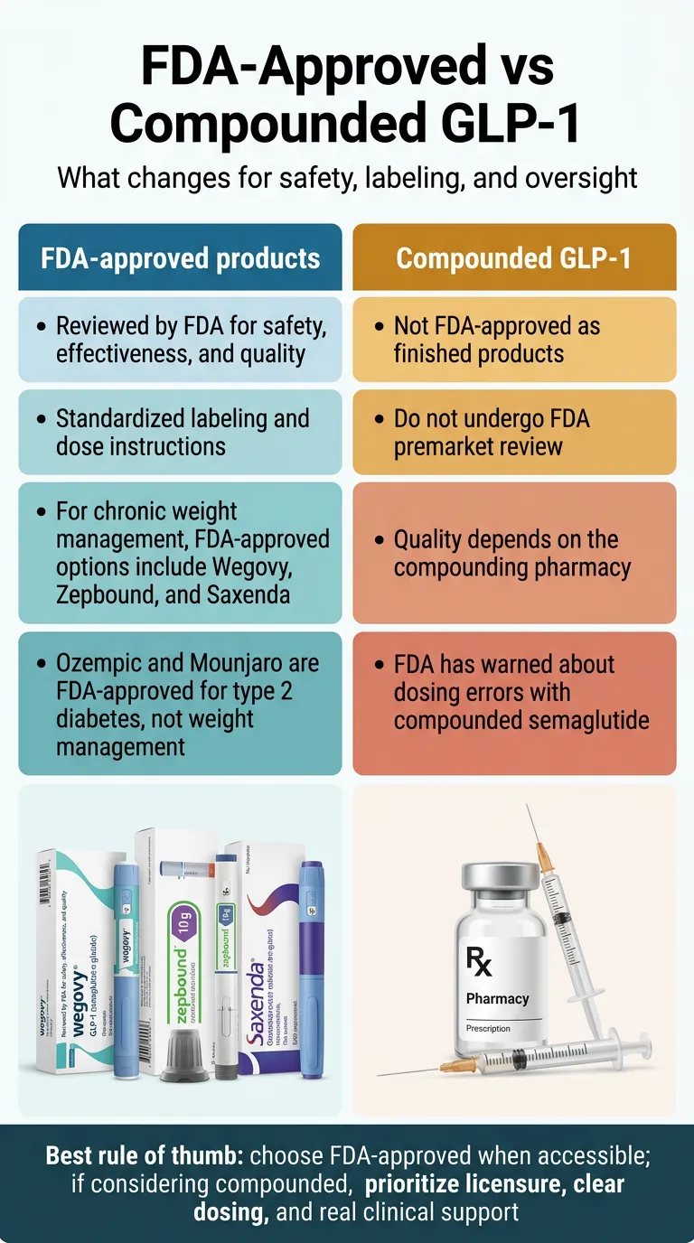 FDA-approved vs compounded GLP-1 — what changes for safety, labeling, and oversight. FDA-approved products: reviewed by FDA for safety effectiveness and quality, standardized labeling and dose instructions, for chronic weight management FDA-approved options include Wegovy Zepbound and Saxenda, Ozempic and Mounjaro are FDA-approved for type 2 diabetes not weight management. Compounded GLP-1: not FDA-approved as finished products, do not undergo FDA premarket review, quality depends on the compounding pharmacy, FDA has warned about dosing errors with compounded semaglutide. Best rule of thumb: choose FDA-approved when accessible and if considering compounded prioritize licensure clear dosing and real clinical support.