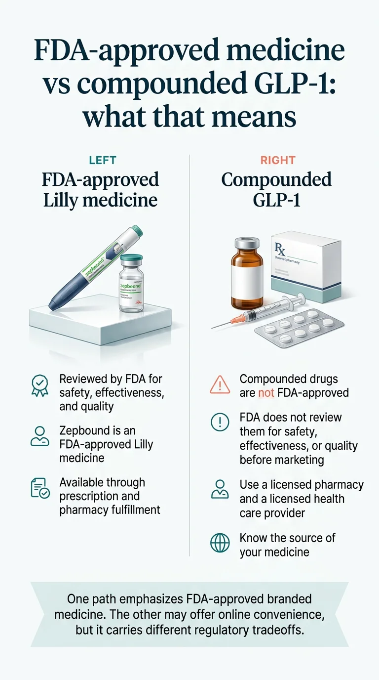 FDA-approved vs compounded GLP-1: what actually changes. FDA-approved medications are reviewed for safety, effectiveness, and quality with official prescribing information and consistent labeled product. Compounded products are not FDA-approved as finished drugs, may be prescribed by licensed clinicians
