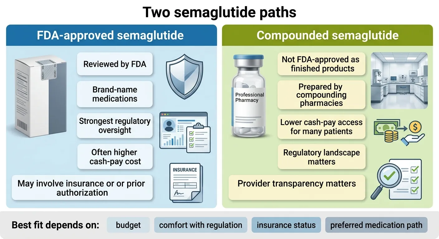 Two semaglutide paths compared: FDA-approved semaglutide (reviewed by FDA, brand-name medications, strongest regulatory oversight, often higher cash-pay cost, may involve insurance or prior authorization) versus compounded semaglutide (not FDA-approved as finished products, prepared by compounding pharmacies, lower cash-pay access for many patients, regulatory landscape matters, provider transparency matters)