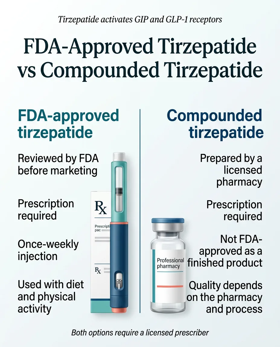 FDA-approved tirzepatide vs compounded tirzepatide comparison — key differences in regulation, quality, and prescription requirements