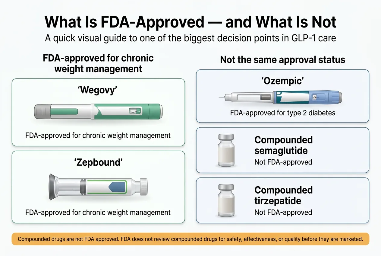 What is FDA-approved and what is not — visual guide showing Wegovy and Zepbound as FDA-approved for chronic weight management versus Ozempic for diabetes only and compounded semaglutide and tirzepatide as not FDA-approved