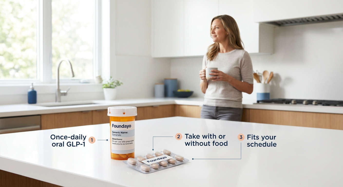 Foundayo pill bottle on a kitchen counter with a woman in the background holding a coffee mug. Labels show: 1. Once-daily oral GLP-1. 2. Take with or without food. 3. Fits your schedule. Foundayo is a prescription medication.