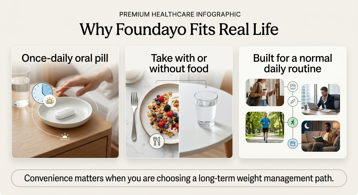 Why Foundayo Fits Real Life: Once-daily oral pill (shown on a nightstand with a clock). Take with or without food (shown with a breakfast bowl and a glass of water side by side). Built for a normal daily routine (montage of daily activities: morning commute, working at laptop, jogging, relaxing in the evening). Convenience matters when you are choosing a long-term weight management path.
