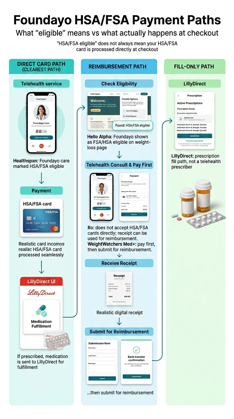 Foundayo HSA/FSA payment paths: Direct Card Path (Healthspan → HSA/FSA card → LillyDirect fulfillment), Reimbursement Path (Ro, WeightWatchers → pay first → receipt → reimburse), Fill-Only Path (LillyDirect, prescription required)