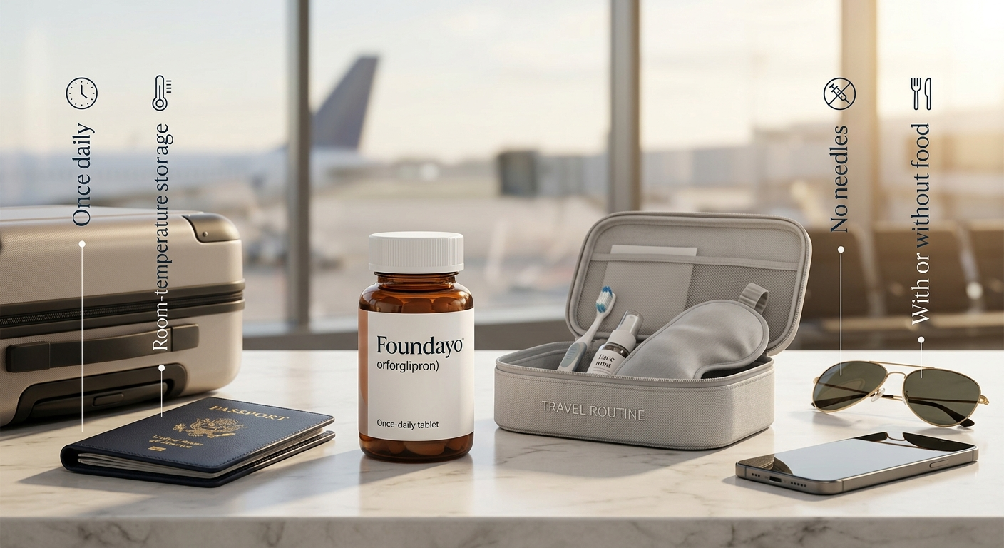 Foundayo travel advantages: once-daily tablet, room-temperature storage, no needles, take with or without food. Foundayo bottle shown at an airport alongside a travel routine kit, passport, and sunglasses.