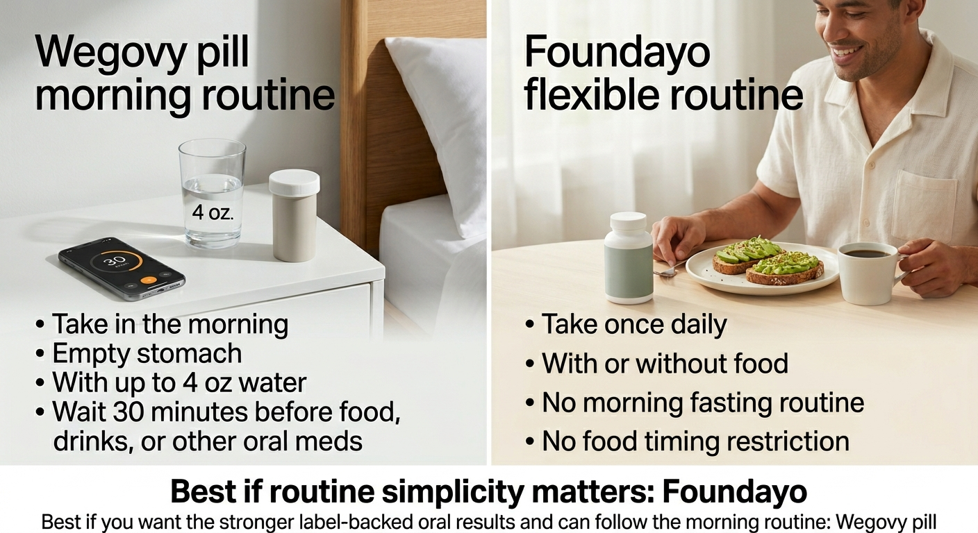 Wegovy pill morning routine vs Foundayo flexible routine. Left side — Wegovy pill: take in the morning, empty stomach, with up to 4 oz water, wait 30 minutes before food, drinks, or other oral meds. Right side — Foundayo: take once daily, with or without food, no morning fasting routine, no food timing restriction. Best if routine simplicity matters: Foundayo.