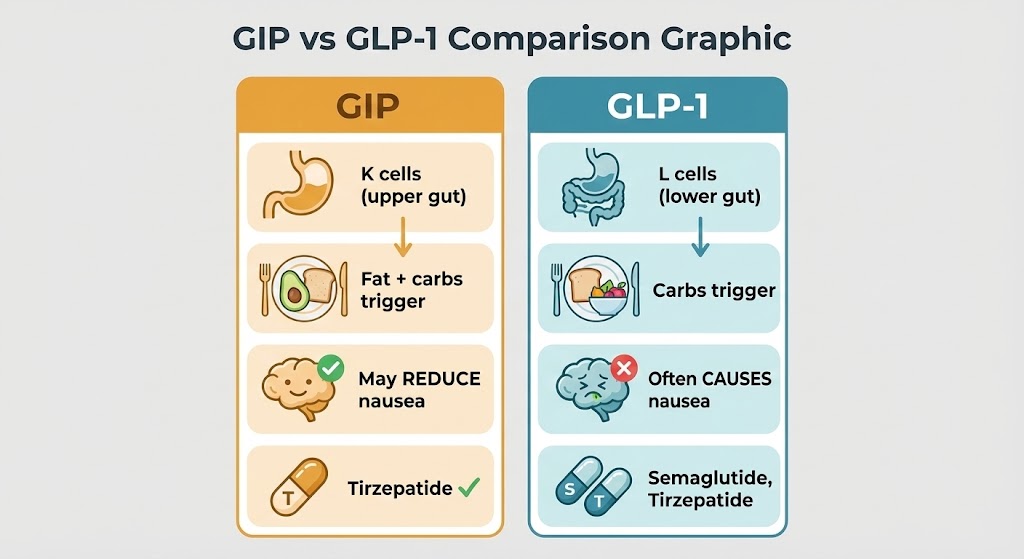 GIP vs GLP-1 comparison chart showing key differences in source, triggers, nausea effects, and medications