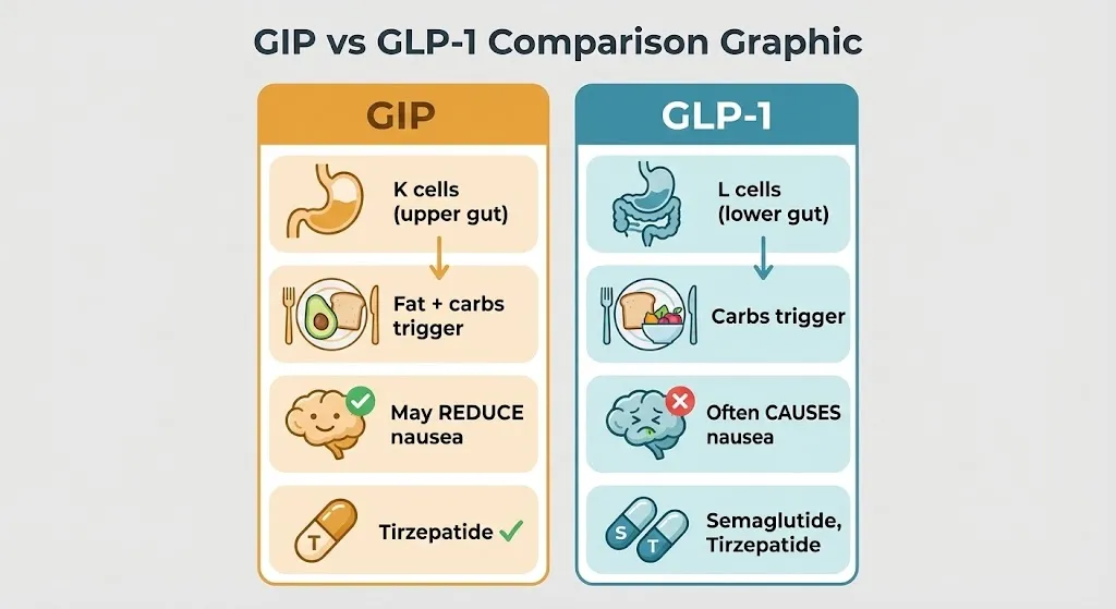 GIP vs GLP-1 comparison chart showing key differences in source, triggers, nausea effects, and medications