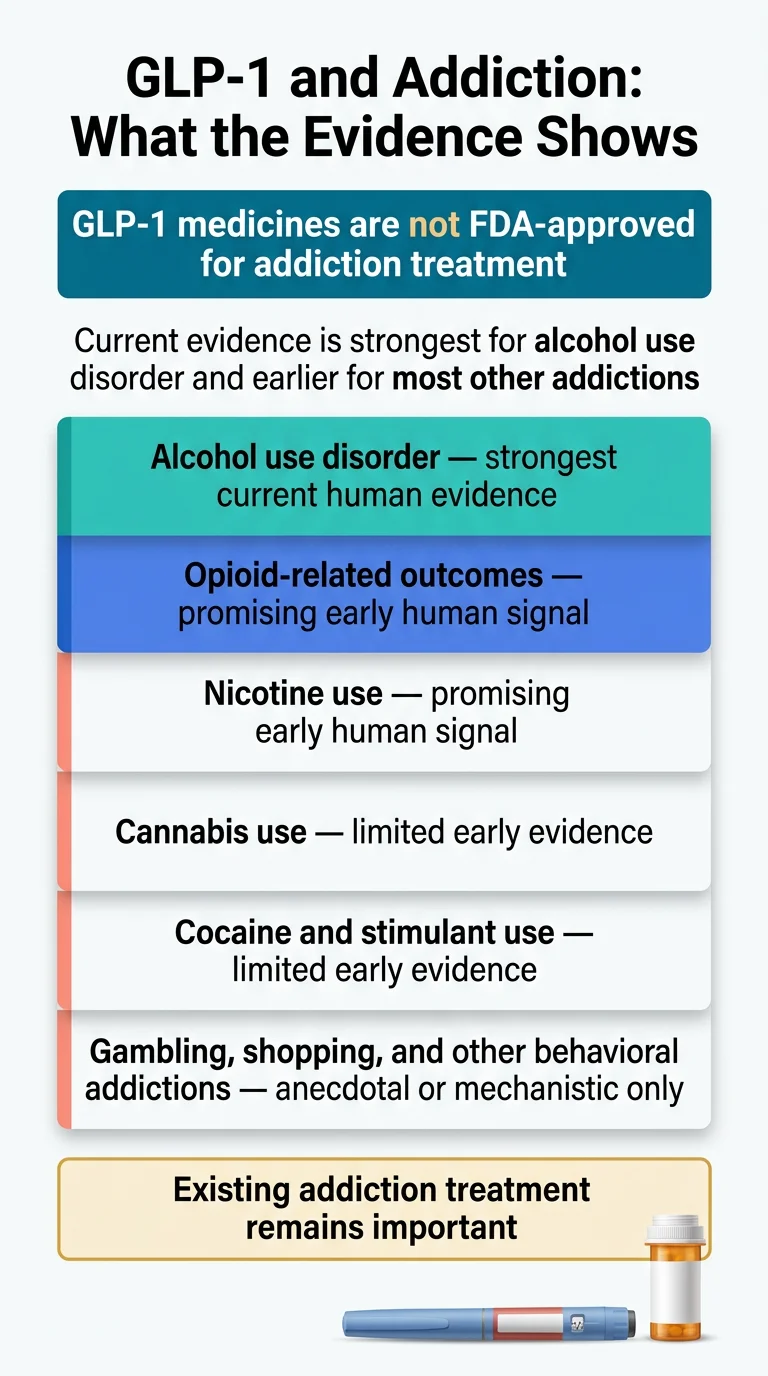 GLP-1 and Addiction evidence summary: Alcohol use disorder has the strongest current human evidence. Opioid-related outcomes show promising early human signal. Nicotine use has promising early human signal. Cannabis use has limited early evidence. Cocaine and stimulant use has limited early evidence. Gambling, shopping, and other behavioral addictions have anecdotal or mechanistic evidence only. Existing addiction treatment remains important. GLP-1 medicines are not FDA-approved for addiction treatment.