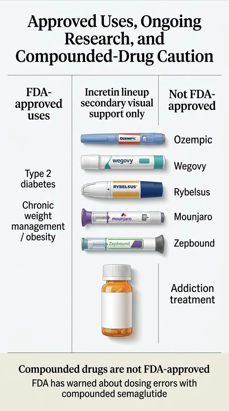GLP-1 approved uses versus addiction research: FDA-approved uses include type 2 diabetes, chronic weight management, and obesity. Addiction treatment is not FDA-approved. Compounded drugs are not FDA-approved and the FDA has warned about dosing errors with compounded semaglutide.