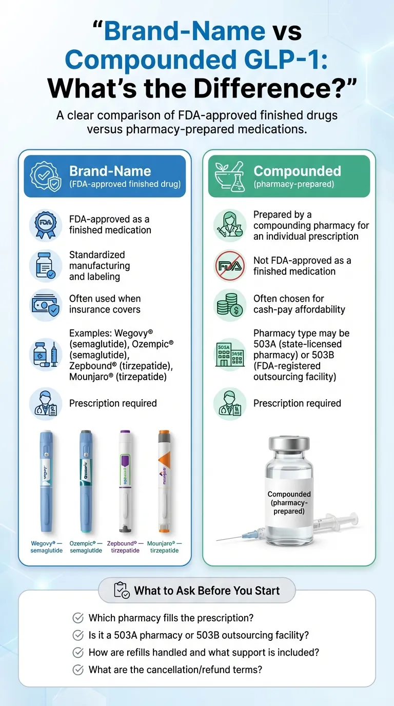 Brand-name vs compounded GLP-1 comparison - FDA-approved finished drugs vs pharmacy-prepared medications with key differences in manufacturing, regulation, cost, and what to ask before you start