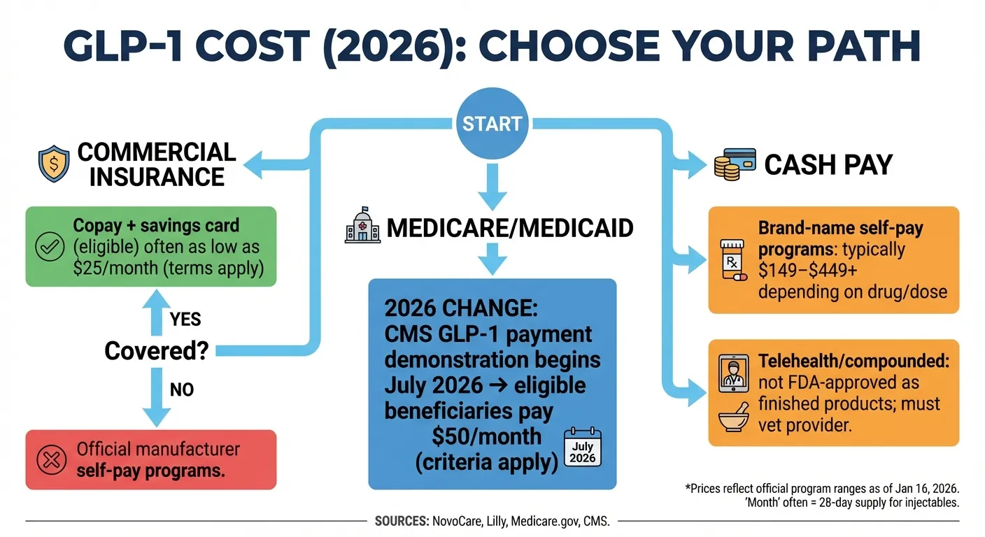 GLP-1 cost 2026 decision flowchart showing commercial insurance, Medicare/Medicaid, and cash pay pathways with pricing ranges