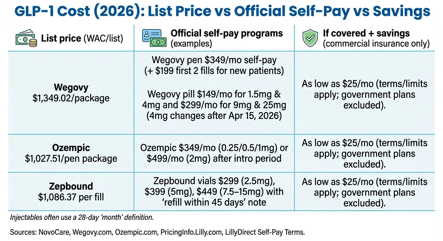 GLP-1 cost comparison table showing list price WAC versus official self-pay programs versus savings with insurance for Wegovy, Ozempic, and Zepbound
