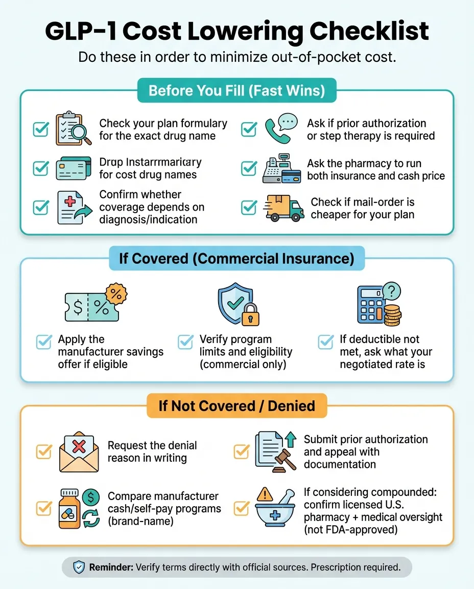GLP-1 cost lowering checklist showing steps before you fill, if covered with commercial insurance, and if not covered or denied