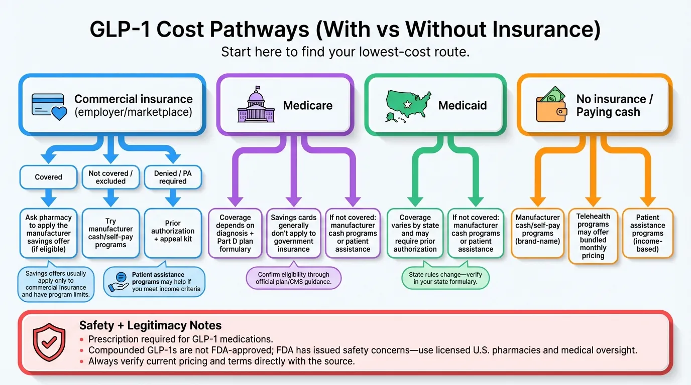 GLP-1 cost pathways flowchart showing options for commercial insurance, Medicare, Medicaid, and no insurance with pricing ranges
