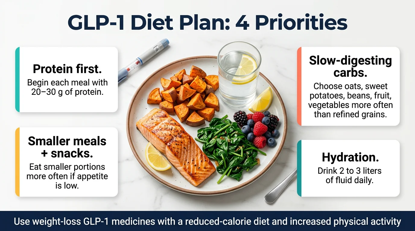 GLP-1 Diet Plan 4 Priorities infographic: Protein first (20-30g per meal), Slow-digesting carbs (oats, sweet potatoes, beans), Smaller meals and snacks, and Hydration (2-3 liters daily)