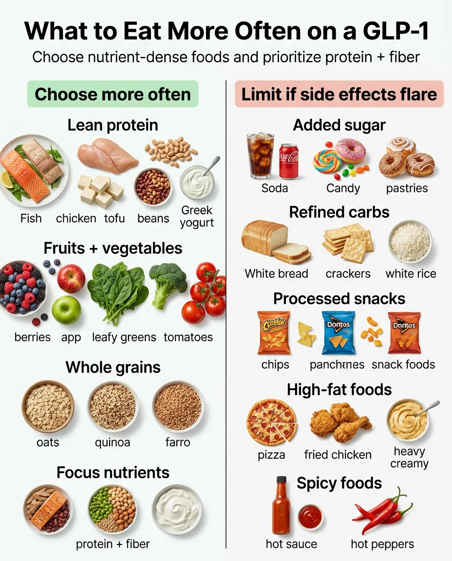 What to eat more often on a GLP-1: lean protein, fruits and vegetables, whole grains, and focus nutrients like protein and fiber. What to limit if side effects flare: added sugar, refined carbs, processed snacks, high-fat foods, and spicy foods.