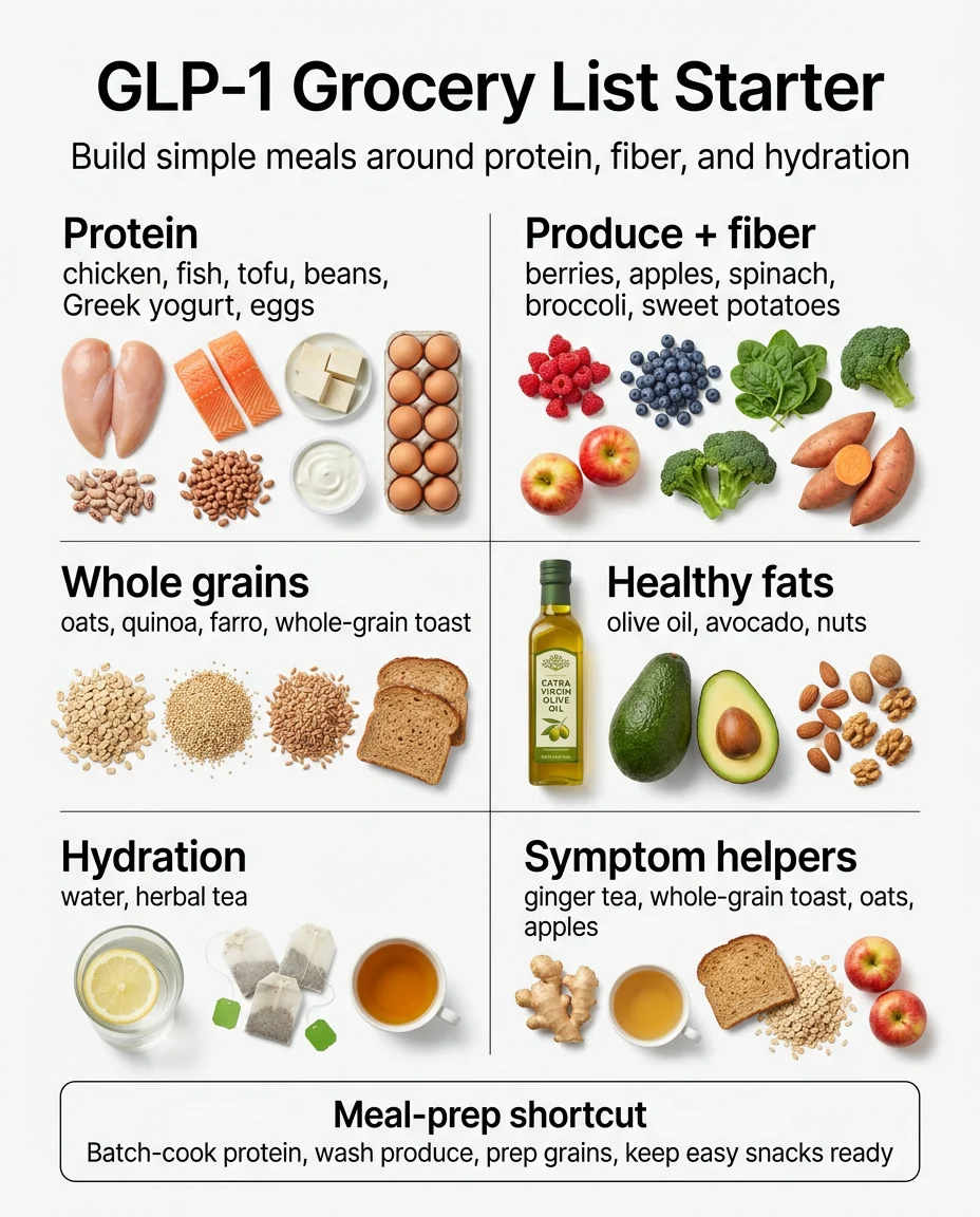 GLP-1 Grocery List Starter: Build simple meals around protein, fiber, and hydration — categories include protein sources, produce and fiber, whole grains, healthy fats, hydration, and symptom helpers
