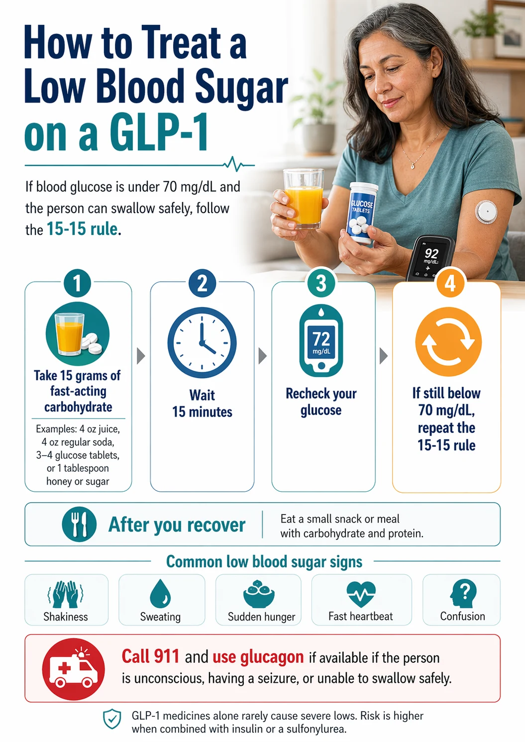 How to treat a low blood sugar on a GLP-1: the 15-15 rule. Step 1: take 15 grams of fast-acting carbohydrate (4 oz juice, 4 oz soda, 3-4 glucose tablets, 1 tablespoon honey). Step 2: wait 15 minutes. Step 3: recheck glucose. Step 4: if still below 70, repeat. After recovery: eat a snack with carb and protein. Call 911 if unconscious, seizing, or unable to swallow.