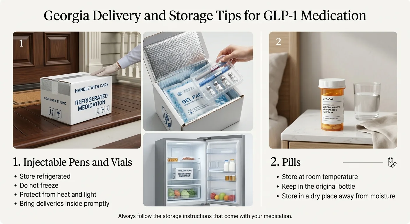 Georgia GLP-1 medication delivery and storage tips — injectable pens and vials must stay refrigerated; pills stored at room temperature.