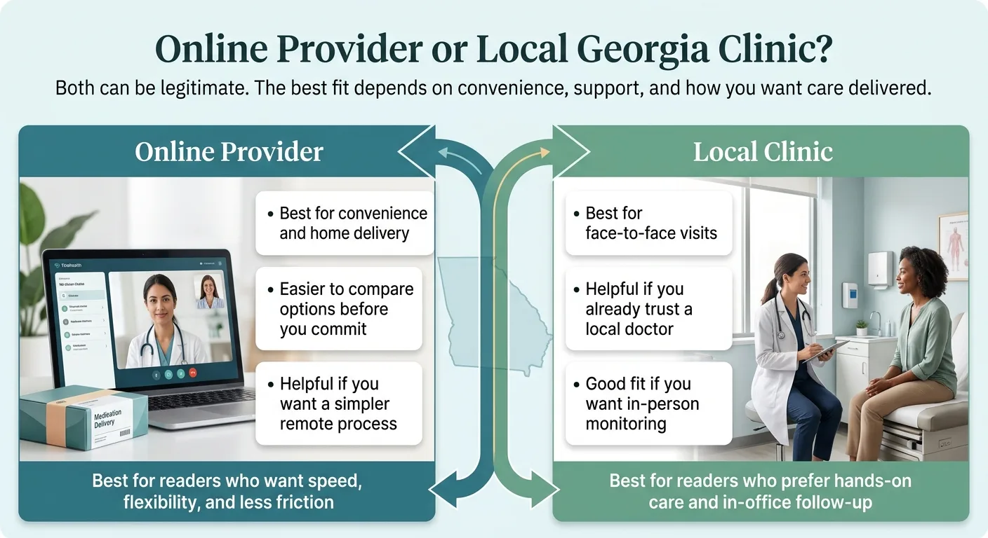 Online GLP-1 provider vs local Georgia clinic comparison — best for convenience and home delivery versus face-to-face visits and in-office follow-up.