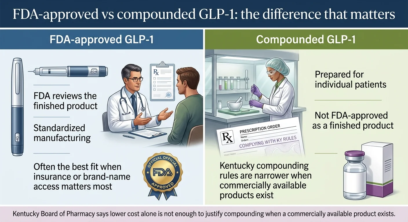 FDA-approved vs compounded GLP-1 comparison: FDA-approved medications have standardized manufacturing and clinical trial evidence; compounded medications are prepared for individual patients and are not FDA-approved as finished products. Kentucky compounding rules are narrower when commercially available products exist.