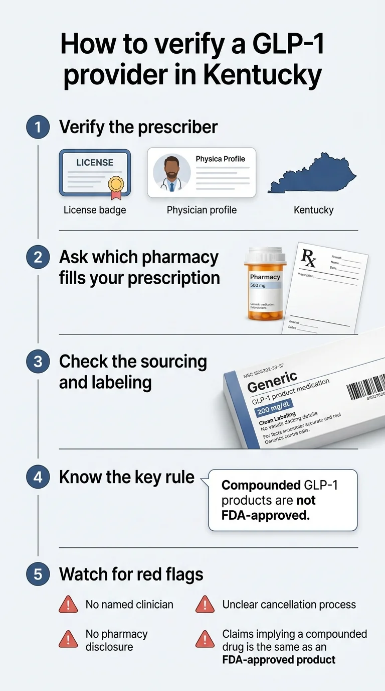 Step-by-step guide to verify a GLP-1 provider in Kentucky: verify the prescriber, ask about pharmacy, check sourcing and labeling, know the key rule about compounded products, and watch for red flags.