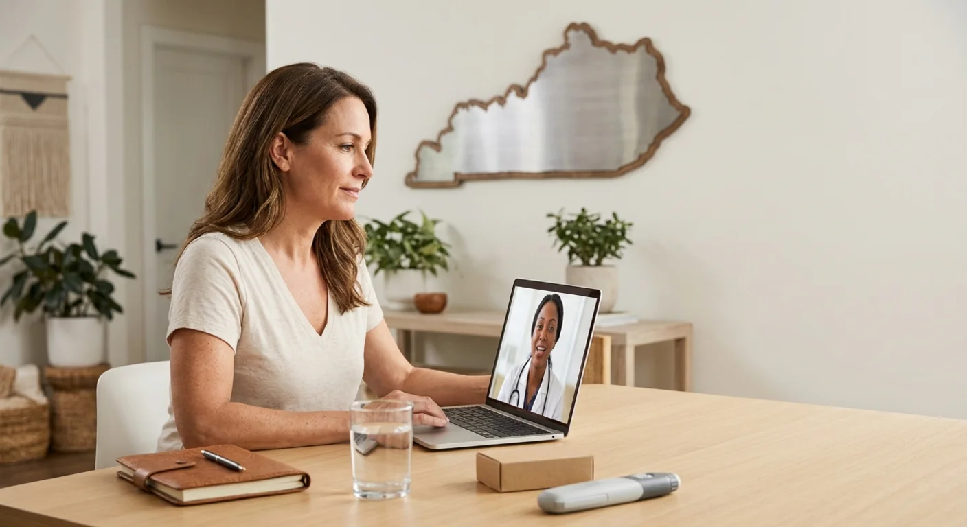 Kentucky resident having a telehealth GLP-1 video consultation from home, with a Kentucky state outline on the wall.