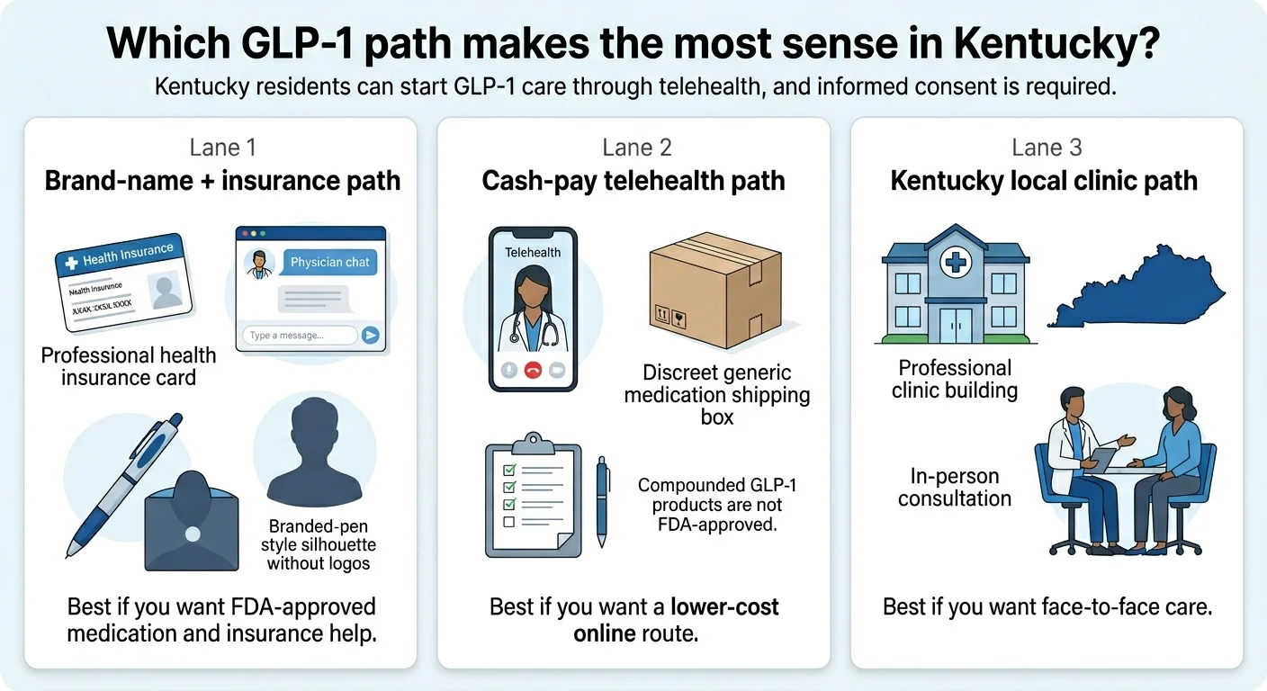 Which GLP-1 path makes the most sense in Kentucky? Three lanes: brand-name plus insurance path, cash-pay telehealth path, and Kentucky local clinic path.