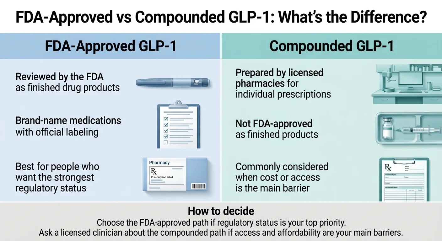 FDA-Approved vs Compounded GLP-1: FDA-approved medications are reviewed by the FDA as finished drug products with official labeling; compounded medications are prepared by licensed pharmacies for individual prescriptions and are not FDA-approved as finished products.