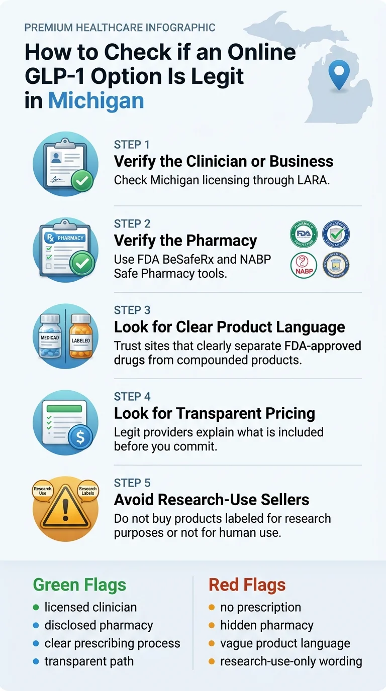 How to Check if an Online GLP-1 Option is Legit in Michigan: 5 steps — verify the clinician through LARA, verify the pharmacy via FDA BeSafeRx and NABP, look for clear product language, transparent pricing, and avoid research-use-only sellers.
