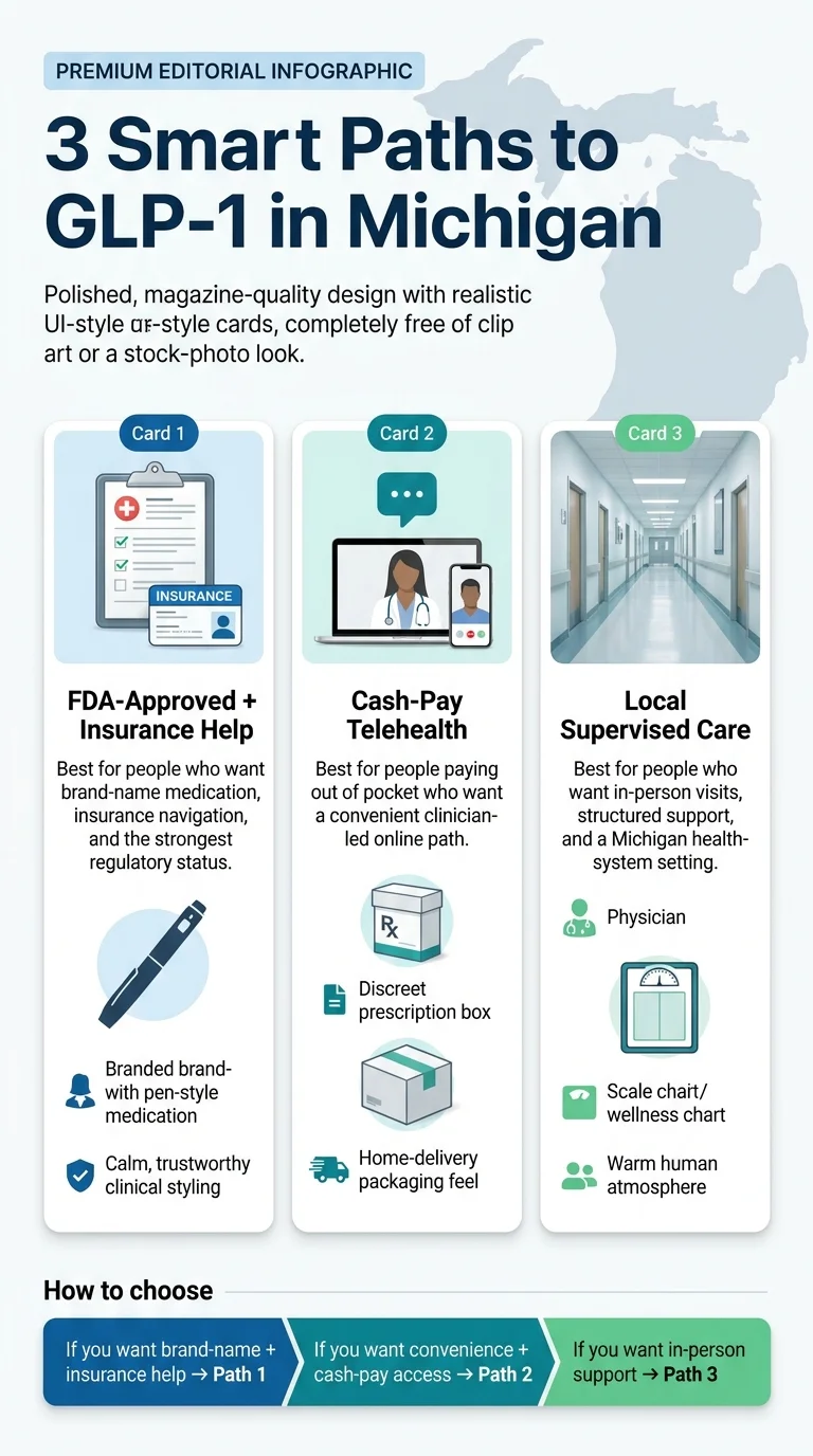 3 Smart Paths to GLP-1 in Michigan: FDA-Approved plus Insurance Help, Cash-Pay Telehealth, and Local Supervised Care — with guidance on how to choose.