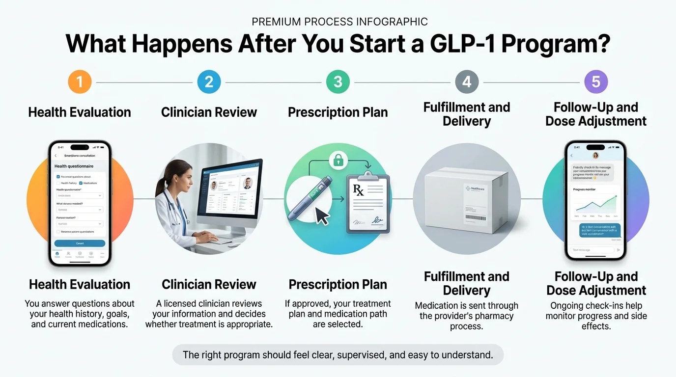 What Happens After You Start a GLP-1 Program: 5 stages — Health Evaluation, Clinician Review, Prescription Plan, Fulfillment and Delivery, and Follow-Up and Dose Adjustment.
