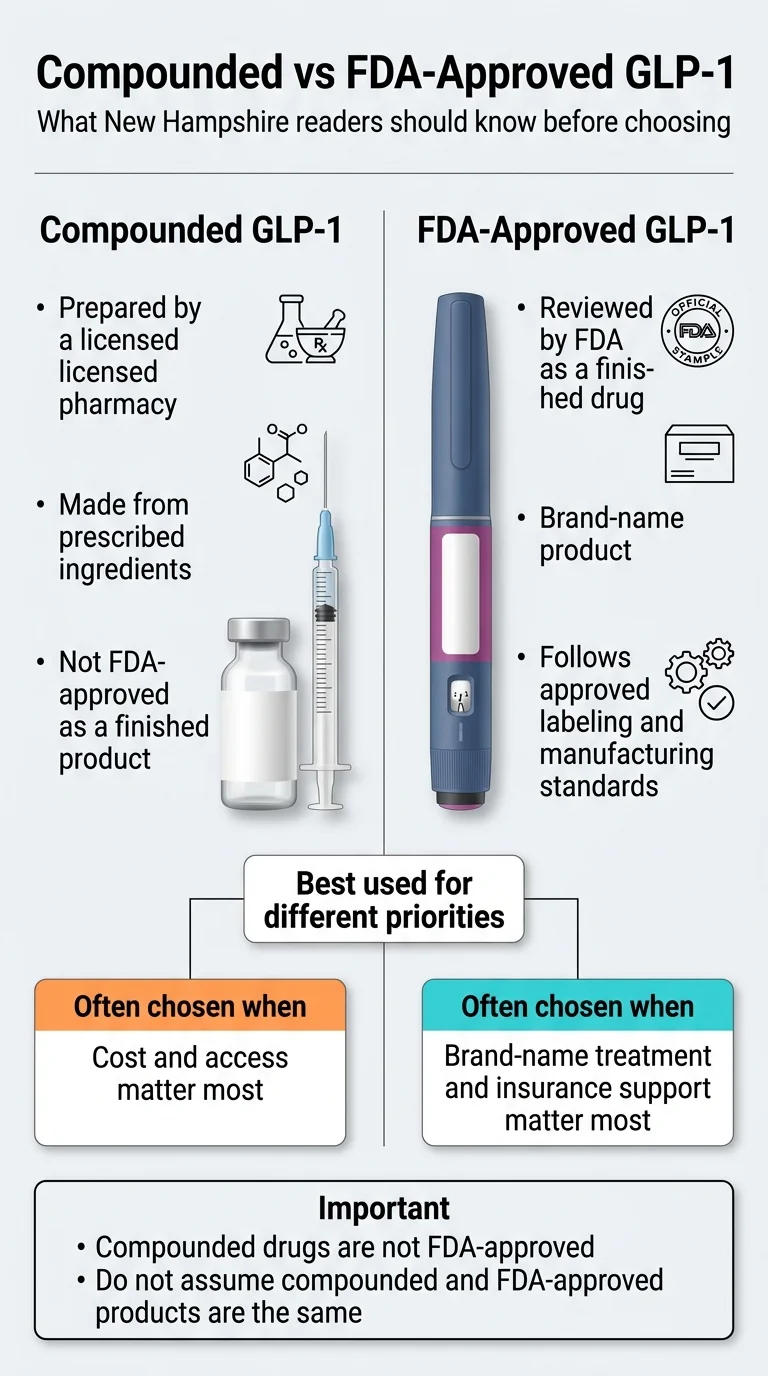 Compounded vs FDA-Approved GLP-1: Compounded GLP-1 is prepared by a licensed pharmacy, made from prescribed ingredients, and is not FDA-approved as a finished product. FDA-Approved GLP-1 is reviewed by the FDA as a finished drug, is a brand-name product, and follows approved labeling and manufacturing standards.