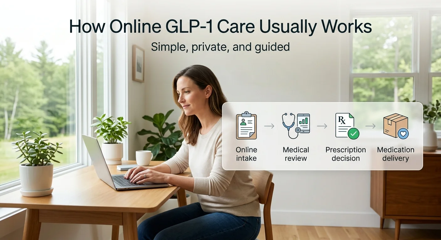 How Online GLP-1 Care Usually Works: simple, private, and guided — four steps from Online Intake through Medical Review, Prescription Decision, and Medication Delivery.
