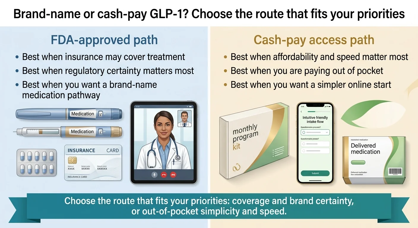 Brand-name or cash-pay GLP-1? Choose the route that fits your priorities. FDA-approved path: best when insurance may cover treatment, best when regulatory certainty matters most, best when you want a brand-name medication pathway. Cash-pay access path: best when affordability and speed matter most, best when you are paying out of pocket, best when you want a simpler online start. Choose the route that fits your priorities: coverage and brand certainty, or out-of-pocket simplicity and speed.